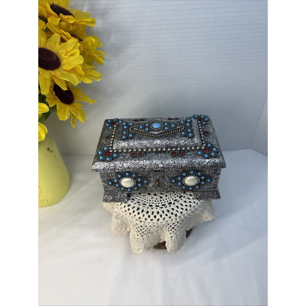 Vtg. 1970s Decorative Handmade Silver Tone Jewelry Box Turquoise Ruby Pearl Bead